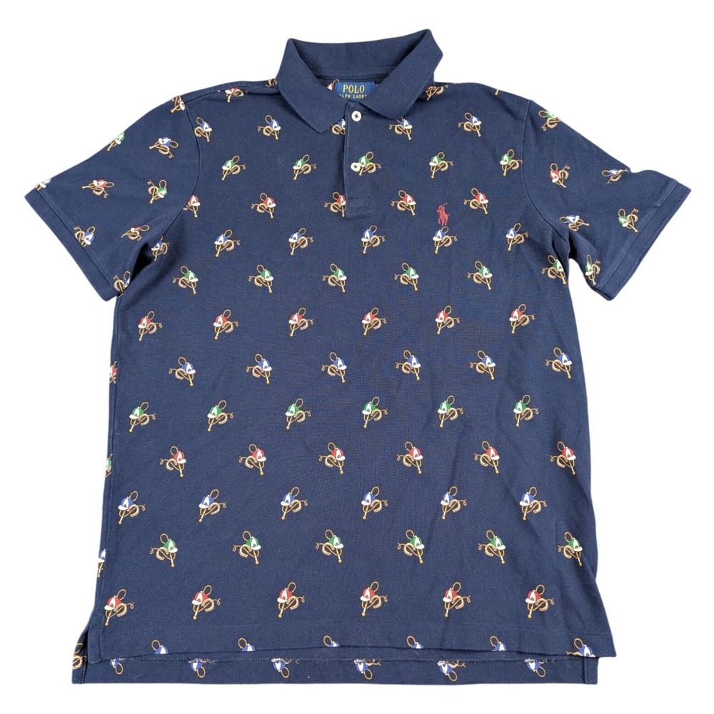 Polo Ralph Lauren Mens Navy Blue All Over Embroidered Hat Lasso Polo Shirt‎ M